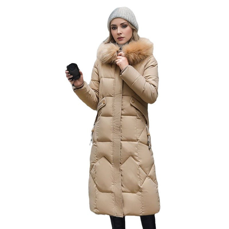 Cotton padded clothes women's middle and long style, slim fit, knee length cotton padded clothes, large wool collar and thick cotton padded jacket