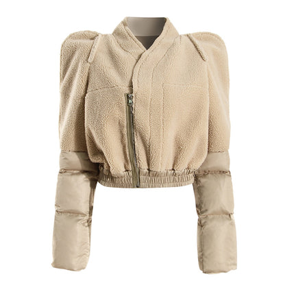 Cotton jacket with tower shoulder zipper plush splicing quilting exaggerated silhouette flying shoulder cotton jacket