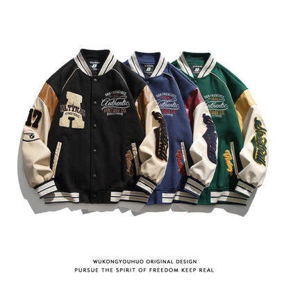 Baseball jersey men's spring and autumn haute couture jacket, couple patchwork trendy jacket