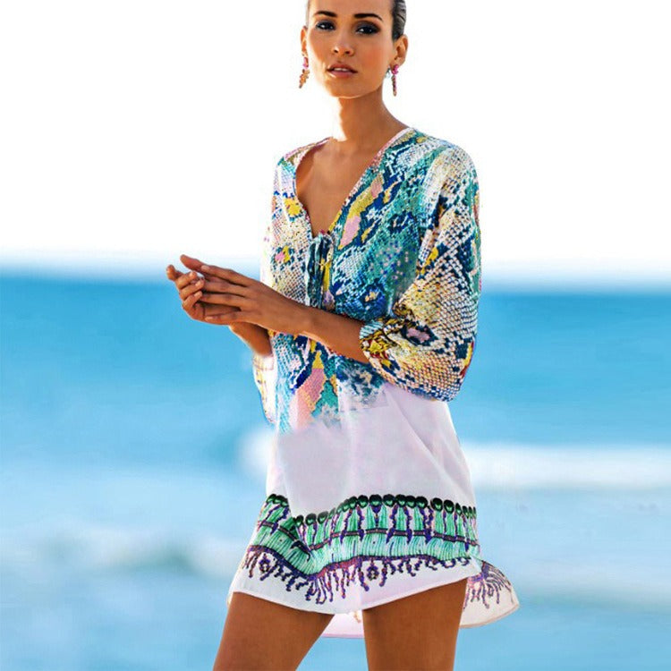 Chiffon snake print beach cover up sexy deep V-neck vacation sun proof shirt bikini cover up