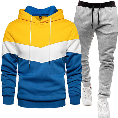 Dreifarbiger Hoodie-Sportanzug für Herren, modisch und lässig, Frühlings- und Herbstspleiß-Kapuzenoberteil, lange Hosen, zweiteiliges Set