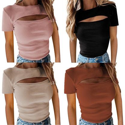 Sexy chest hollow short sleeved ribbed top for women's fashion sexy T-shirt