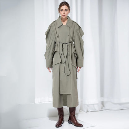 Silhouette grey green trench coat with women's drawstring design loose and versatile drawstring waist cinched long jacket