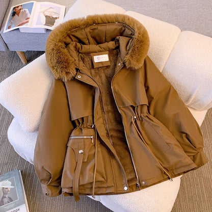 Thin down cotton jacket with fashionable and thick fur and fur integrated jacket