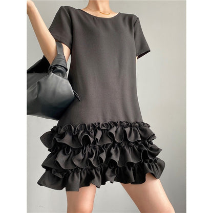 Design sense niche A-line black dress female Hepburn style small black dress ruffle edge skirt cake skirt