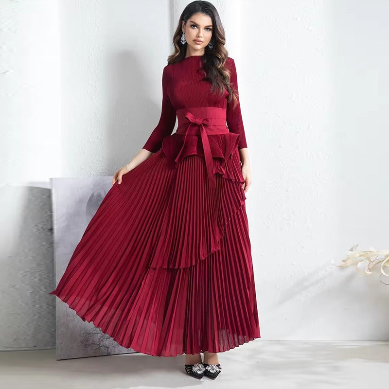 Wrinkled Irregular Lantern Skirt+Long Swing Skirt Set New Solid Color Two Piece Set