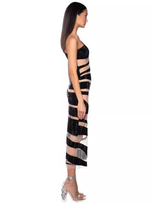 Single Shoulder Mesh Silver Stripe Sexy Tight Bandage Long Party Dress