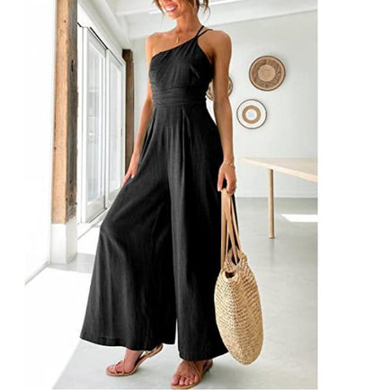 Women's sexy camisole waist wide leg sleeveless cotton linen jumpsuit