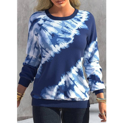 Round neck shoulder long sleeved casual loose tie dyed printed top