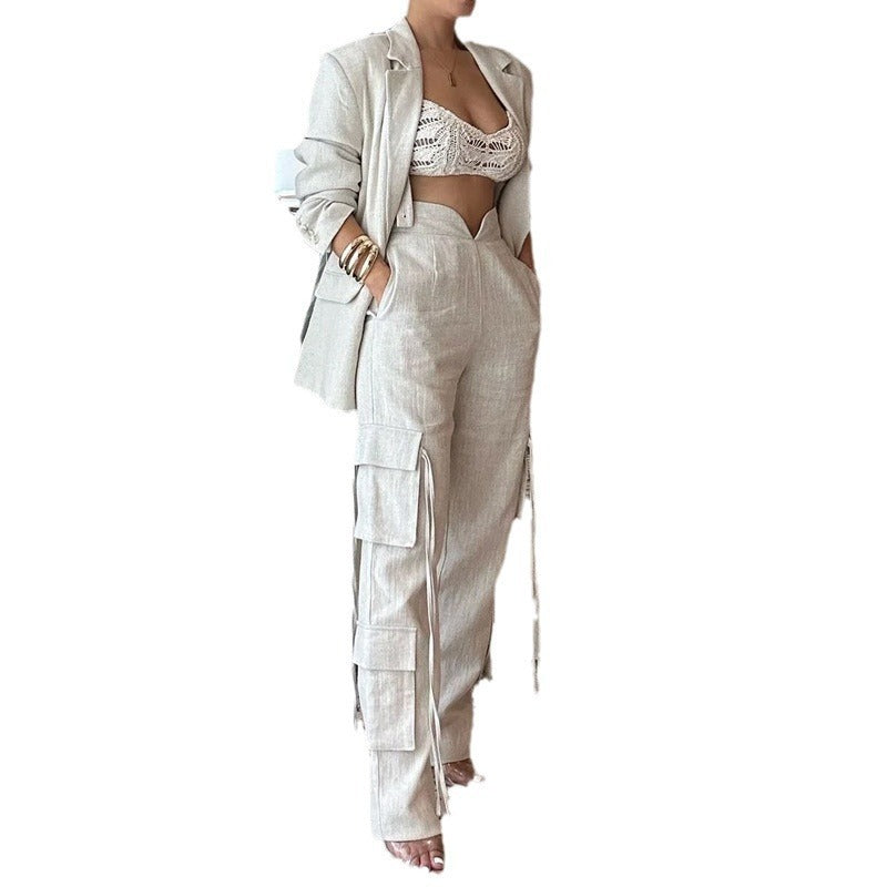 Fashionable two-piece apricot-colored multi-pocket suit trousers with loose ribbons