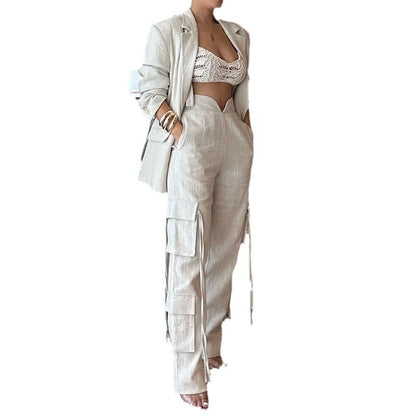 Fashionable two-piece apricot-colored multi-pocket suit trousers with loose ribbons