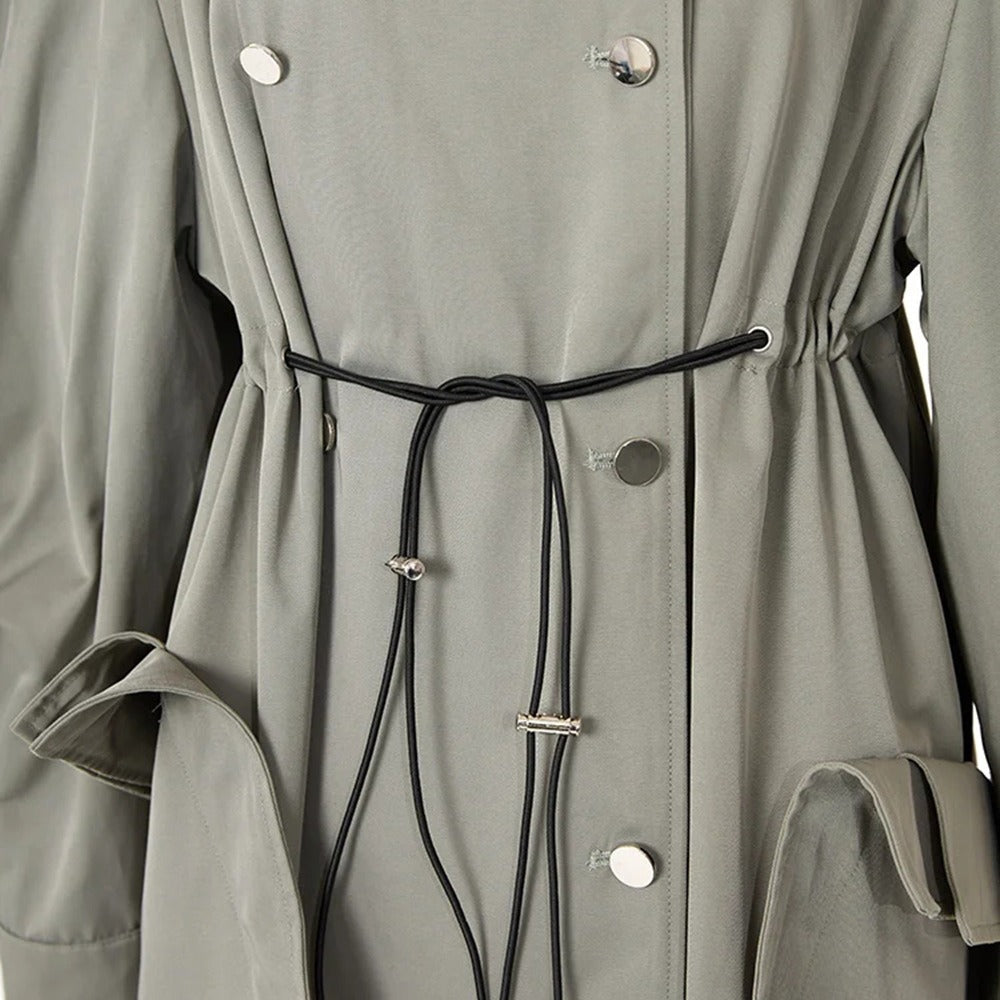 Silhouette grey green trench coat with women's drawstring design loose and versatile drawstring waist cinched long jacket