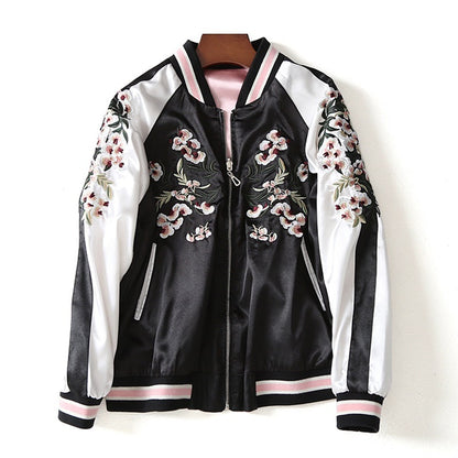 Spring and Autumn Women's Casual Double Wear Flower Embroidery Colored Stand up Neck Jackets Baseball Suit Jackets for Women