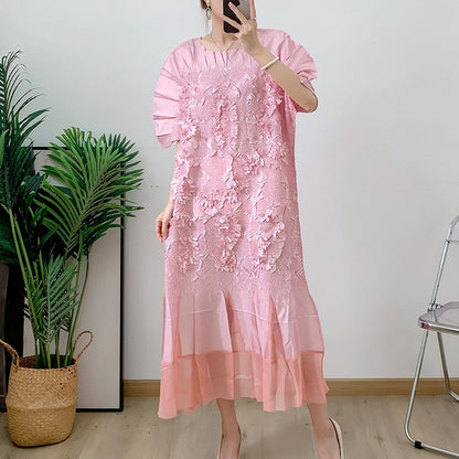 Embroidered embossed pleated dress with round neck loose fitting mid length skirt for women's spring/summer new style