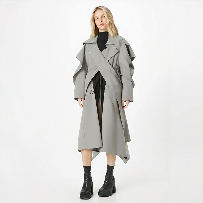 Silhouette grey green trench coat with women's drawstring design loose and versatile drawstring waist cinched long jacket