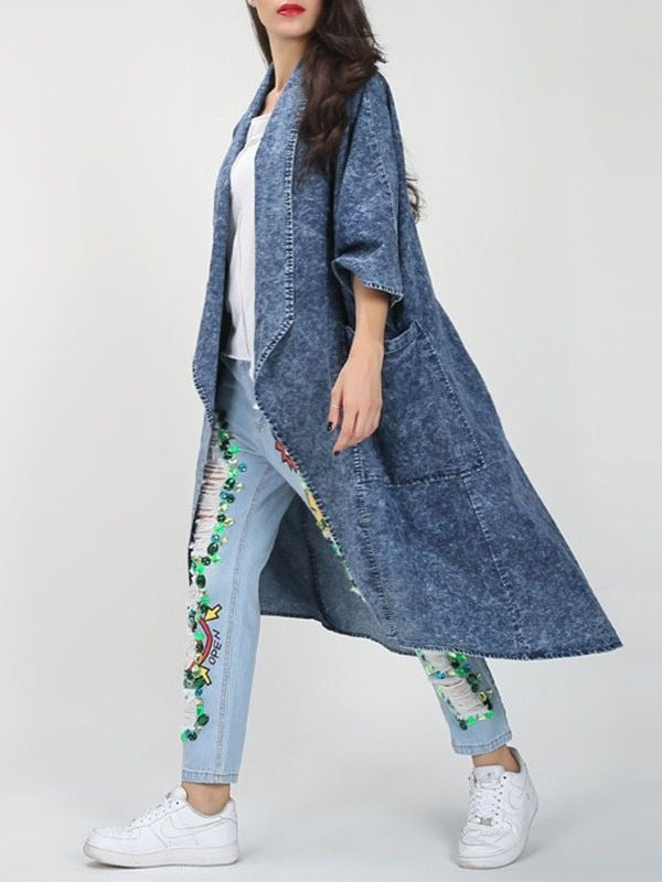 Cardigan denim trench coat for women's fashion lapel bat sleeve loose jacket for women's fashion