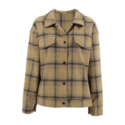 Checkered wool coat women's retro loose woolen coat