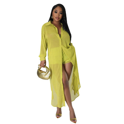 Sexy Perspective Solid Color Chiffon Long Shirt Shorts Beach Two Piece Set New