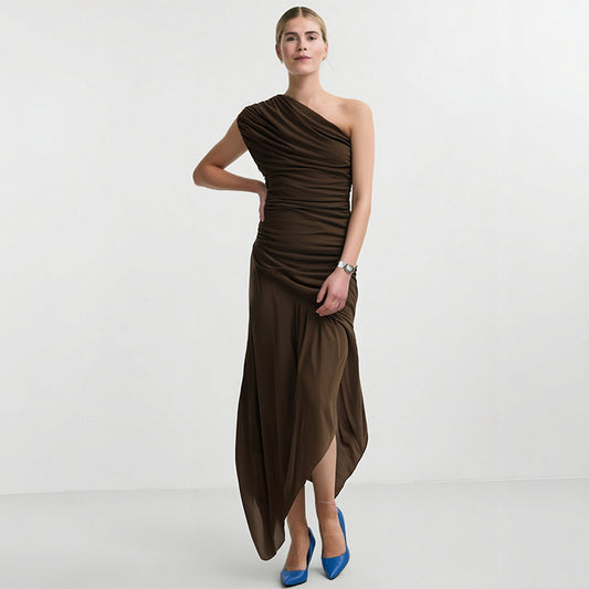 Fashionable pleated decorative slim asymmetric dress