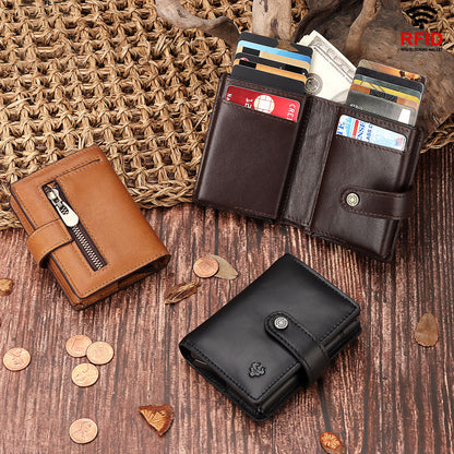 New Men's Leather Card Holder RFID Antimagnetic Short Wallet Retro Zipper Automatic Card Holder