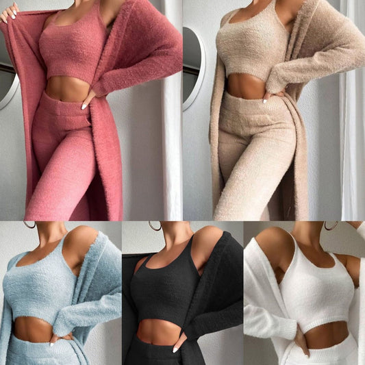 Herbst Und Winter Gestrickte Plüsch Bequemen frauen Crop Top Strickjacke Pullover Hosen Drei-stück set