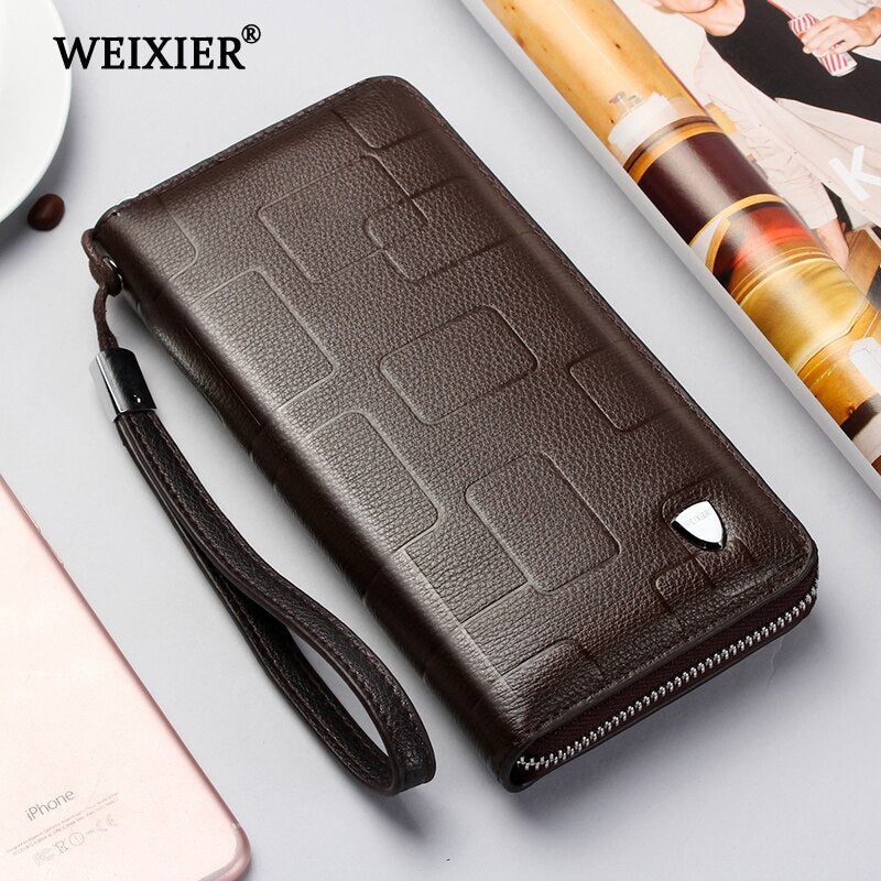 WEIXIER  New Genuine Leather Clutch Cellphone Long Wallet Men's Simple Multifunctional Cow Leather Zipper Money Business bag