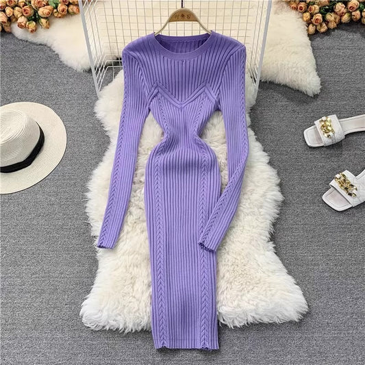 Round necked knitted buttocks bottom skirt with tight elastic sexy sweater dress for women