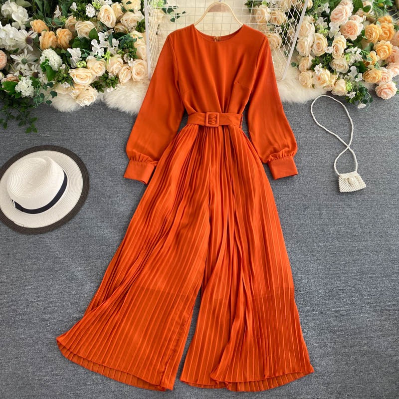 Elegant round neck, long sleeves, waistband, tie up for slimming, pleated wide leg long pants, jumpsuit for women