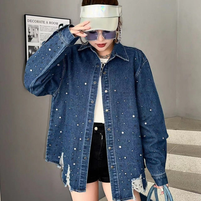 Heavy industry hot diamond denim jacket, women's washed retro loose top