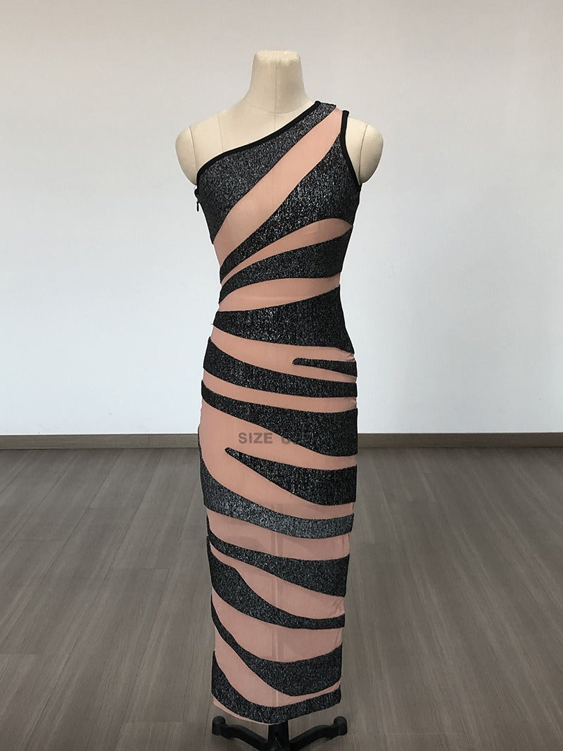 Single Shoulder Mesh Silver Stripe Sexy Tight Bandage Long Party Dress