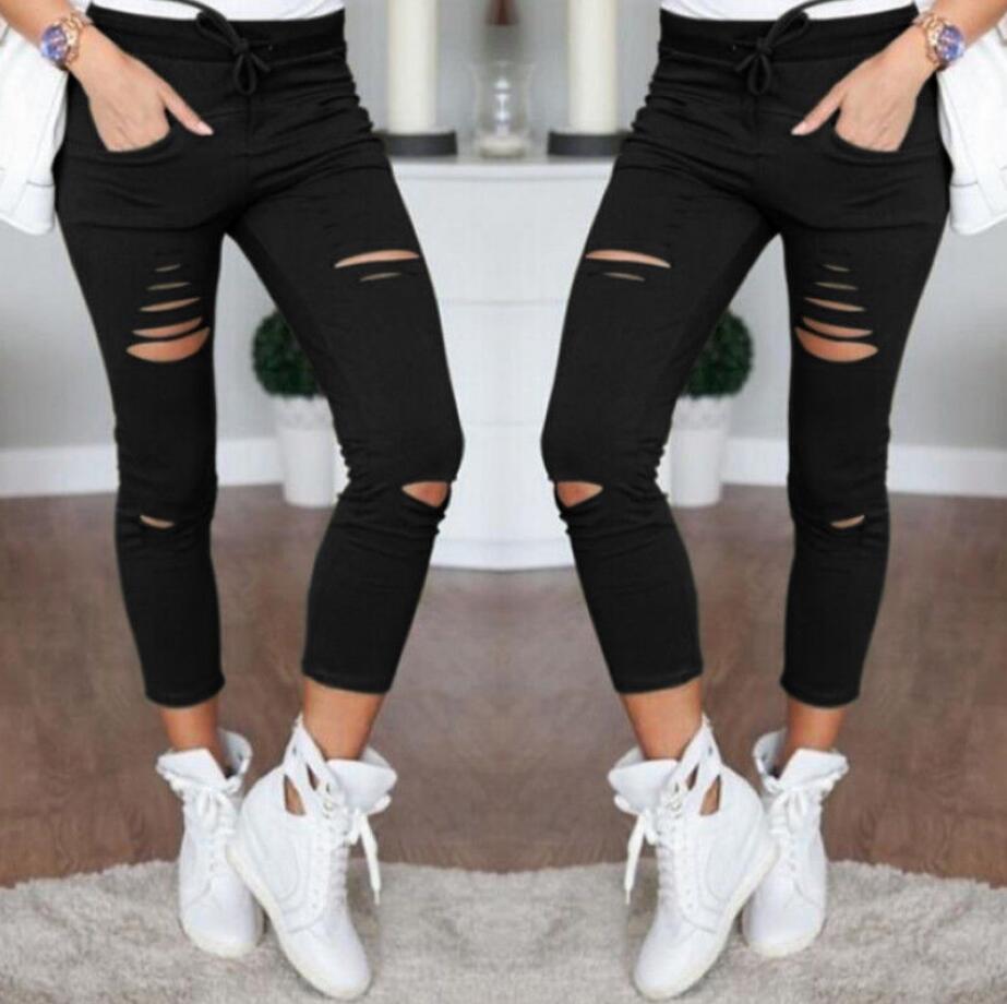 Skinny Jeans Women Denim Pants Holes Destroyed Knee Pencil Pants Casual Trousers Black White Stretch Ripped Jeans