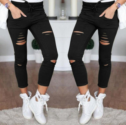 Skinny Jeans Women Denim Pants Holes Destroyed Knee Pencil Pants Casual Trousers Black White Stretch Ripped Jeans