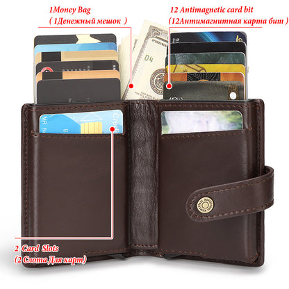 New Men's Leather Card Holder RFID Antimagnetic Short Wallet Retro Zipper Automatic Card Holder