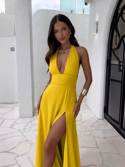 High end temperament hanging neck sexy slit tie up solid color dress for women