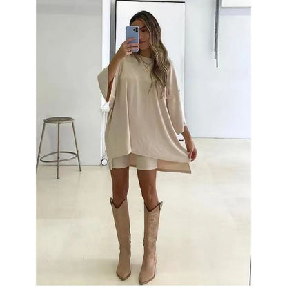 Fashionable solid color loose T-shirt tight shorts two-piece set for women