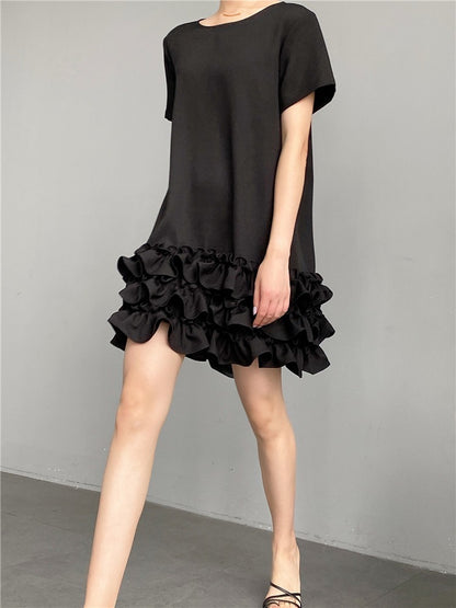 Design sense niche A-line black dress female Hepburn style small black dress ruffle edge skirt cake skirt