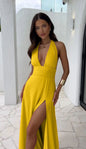 High end temperament hanging neck sexy slit tie up solid color dress for women