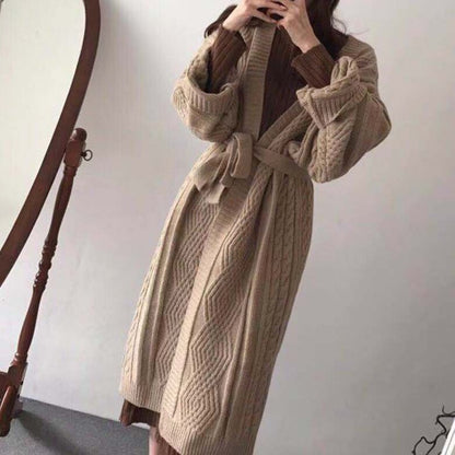 Cardigan tie up waist knit sweater long knee length sweater for women's outerwear