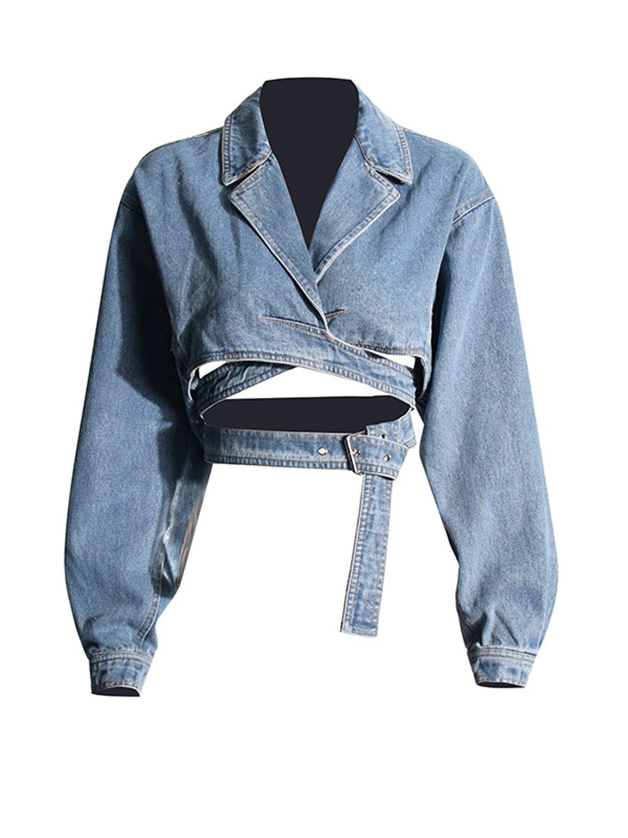 Cross layered hollow hollow waist slimming short denim jacket for women