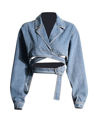 Cross layered hollow hollow waist slimming short denim jacket for women