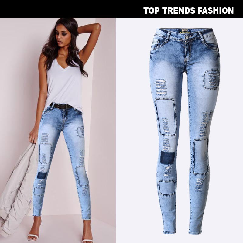 Popular Slim Pencil Pants Stretch Denim Ripped Pencil Pants Are Thin And Multi-Hole Patch Trend Models