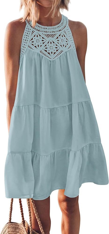 Hollow out backless dress, casual sleeveless A-line layered swinging vest skirt