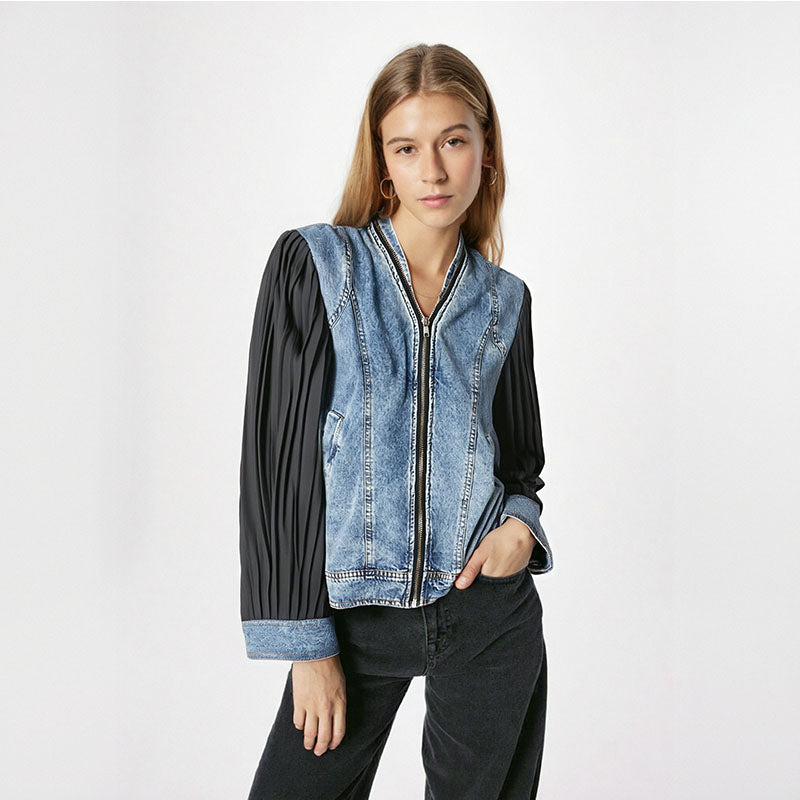 High quality spliced pleated sleeve denim top with temperament