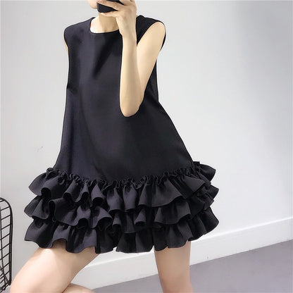 Design sense niche A-line black dress female Hepburn style small black dress ruffle edge skirt cake skirt