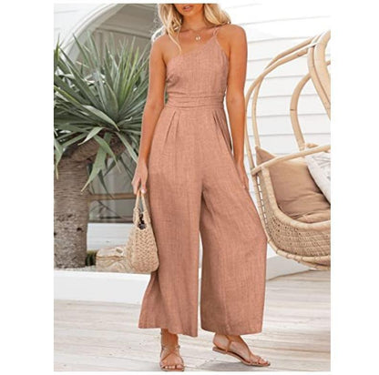 Women's sexy camisole waist wide leg sleeveless cotton linen jumpsuit