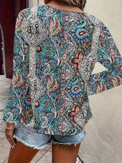 Women's Boho shirt Paisley printed V-neck long sleeved shirt Women's clothing