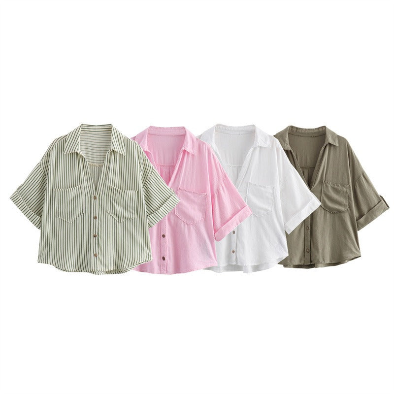 Linen blend pocket decoration single breasted short shirt