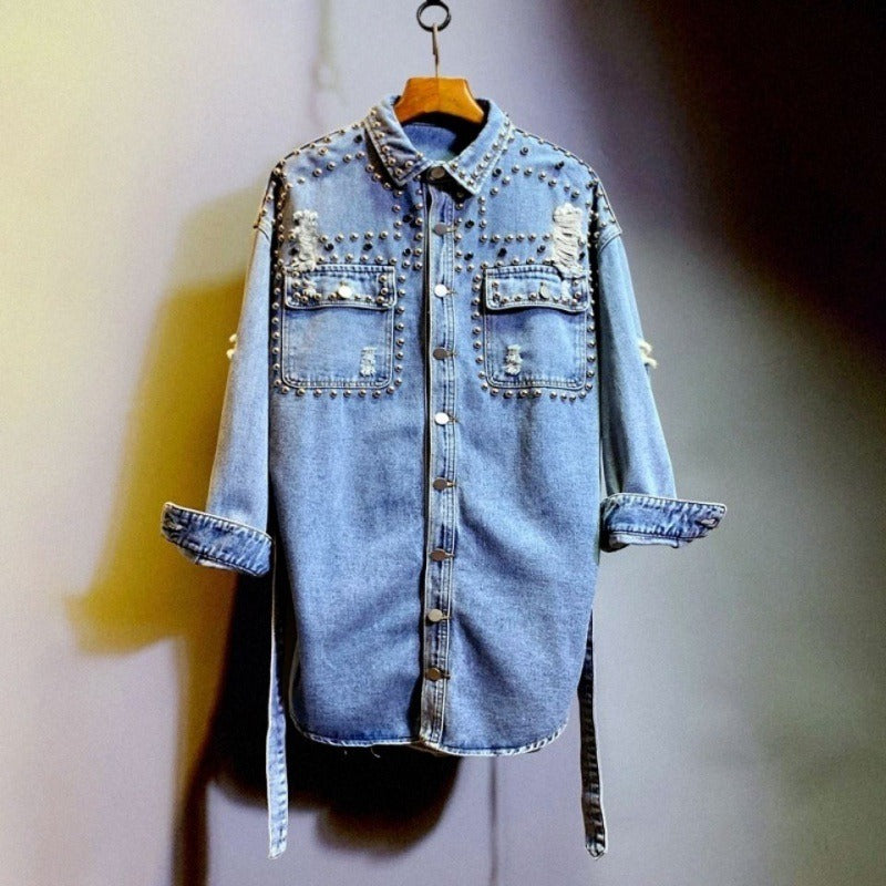 Casual shirt women's design sense waist cinching shirt ripped denim jacket trendy