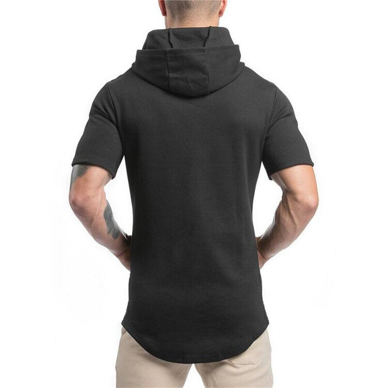 Erkek Vücut Geliştirme Kapşonluları Erkek Spor Salonları Kapşonlu Kısa Kollu Fitness Giyim Kas Tişörtü Slim Düz Pamuklu Kazak Sweatshirt 