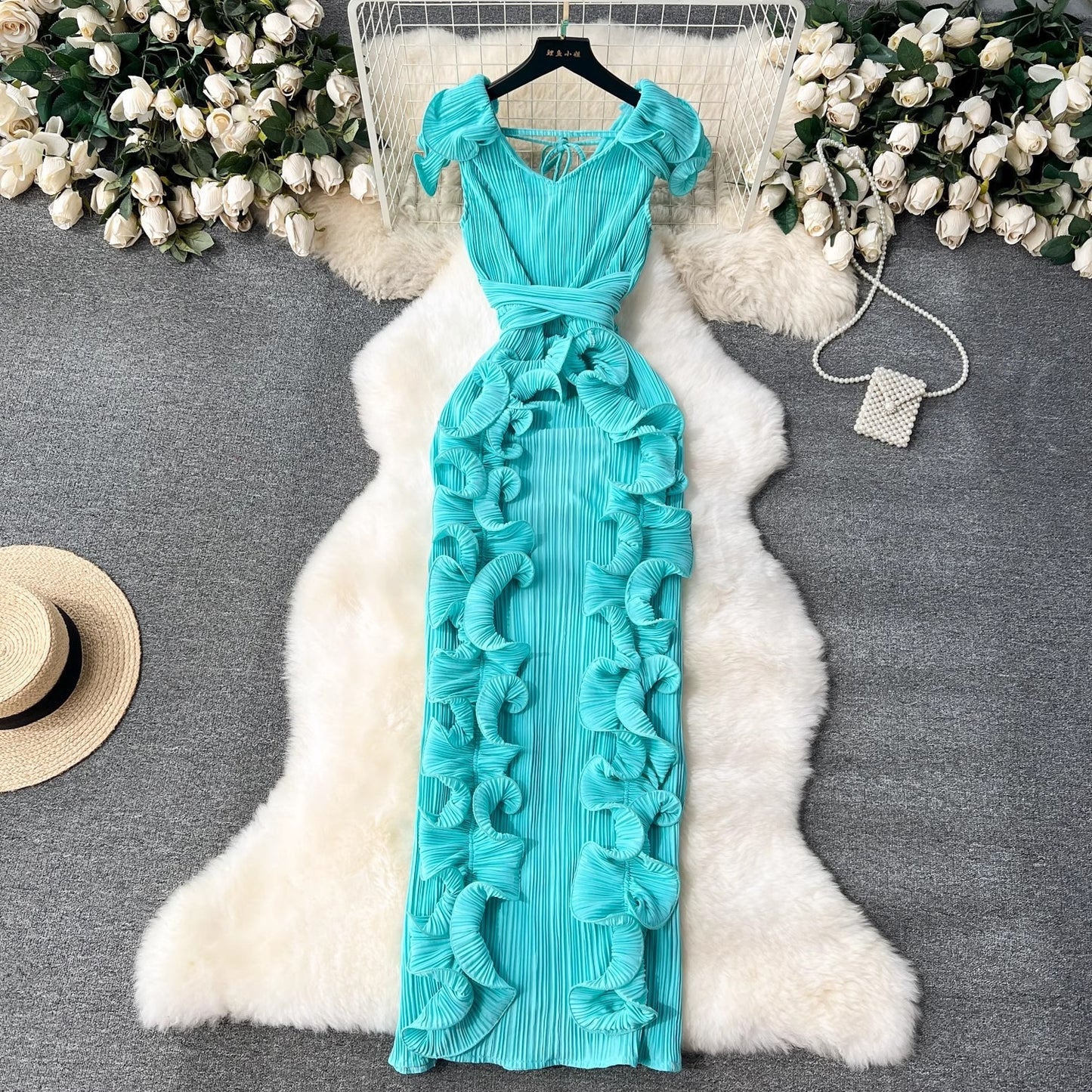 Light luxury and niche pleated three-dimensional ruffled edge slim fitting long style elegant dress for women